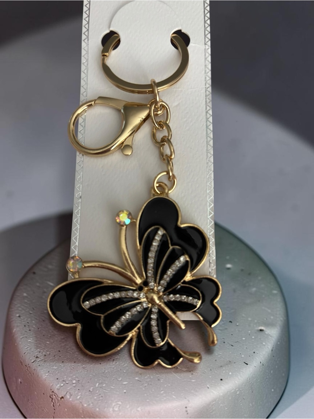 Black Butterfly Rhinestone Bag Charm Keychain Gold Tone Purse Accessory NWT